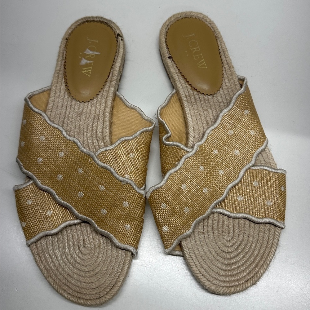 J Crew Sandals Slides Slip On Shoes Scalloped Polka Dot Raffia Tan White Size 9